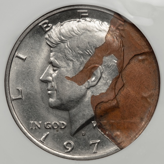 2003 Kennedy half dollar missing obverse clad layer error showing copper-brown face