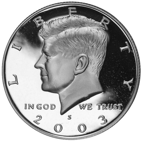 2003 Kennedy half dollar DDO doubled die obverse showing doubling in IN GOD WE TRUST inscription under magnification